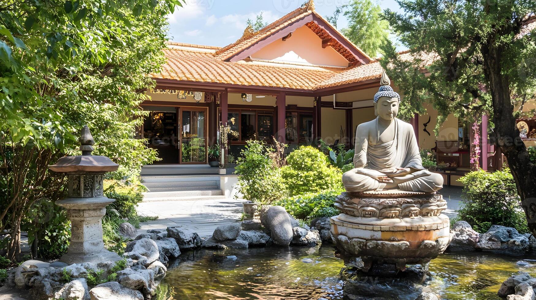 A buddha statue sits in a pond in front of a house photo