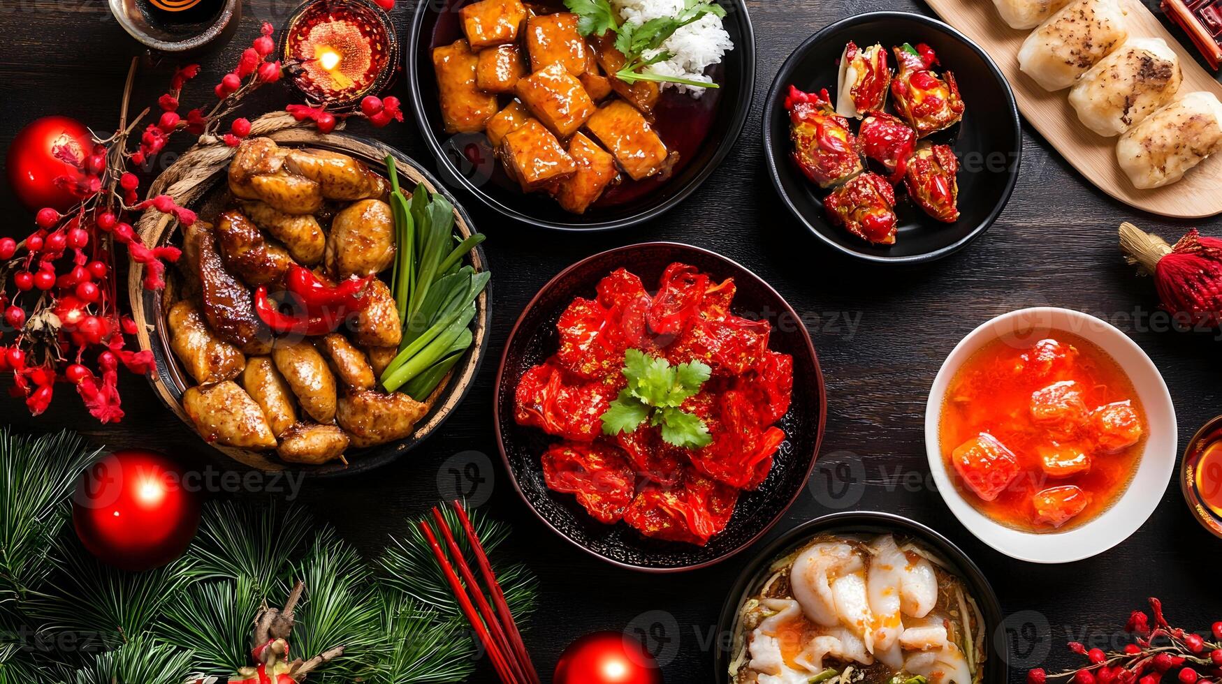 Chinese food is served on a table with red and green decorations photo