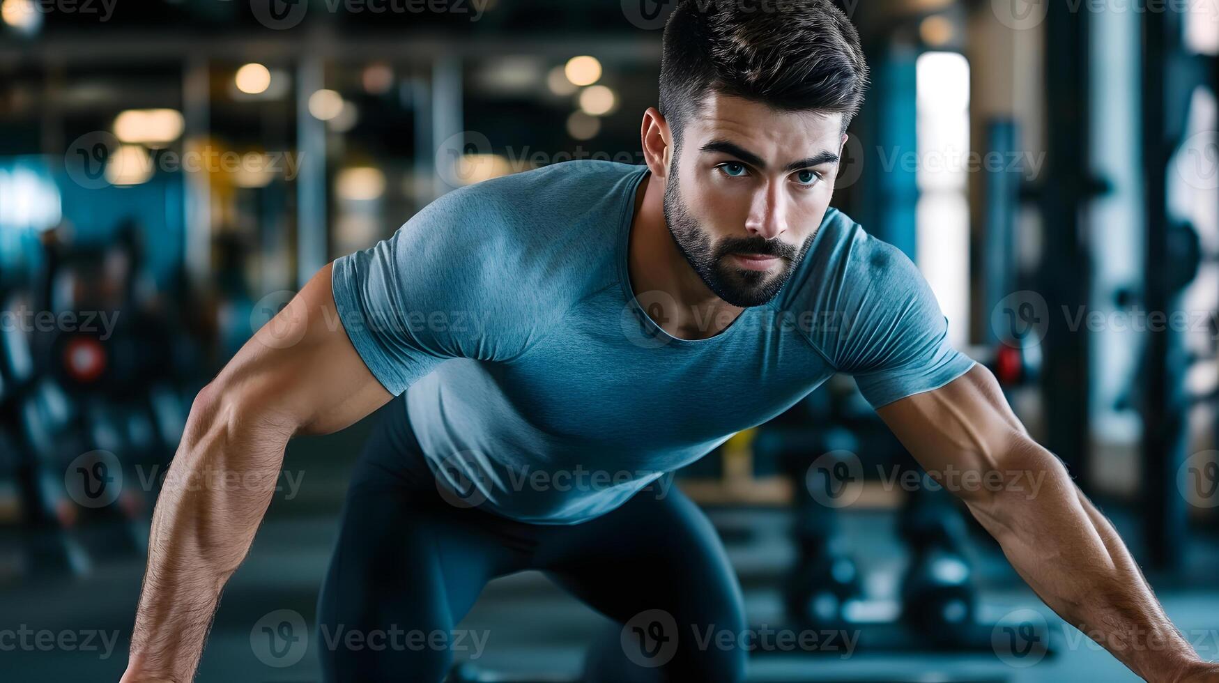 A man is doing push ups in a gym photo