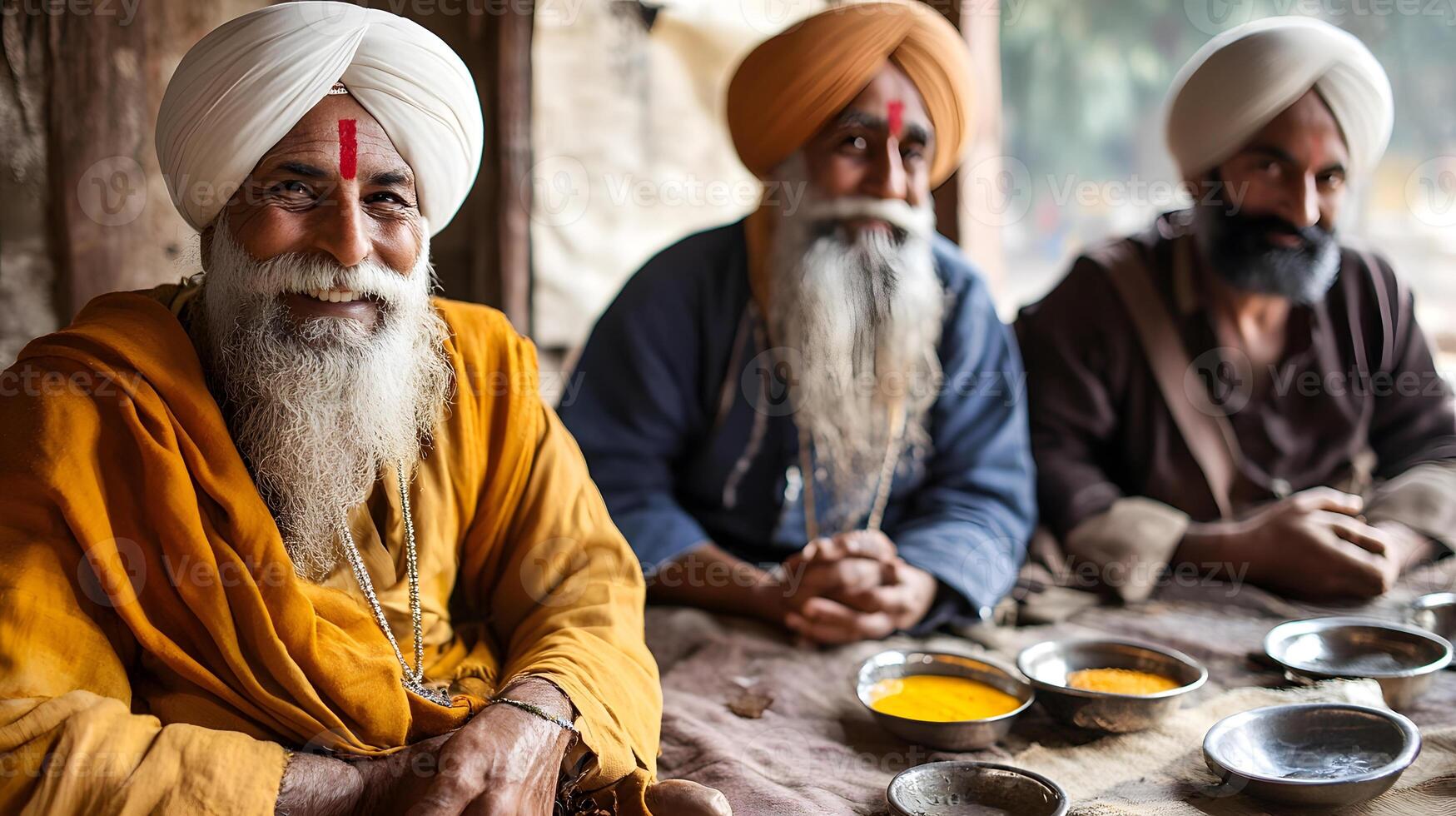 Three men in turbans sitting at a table with bowls of food photo