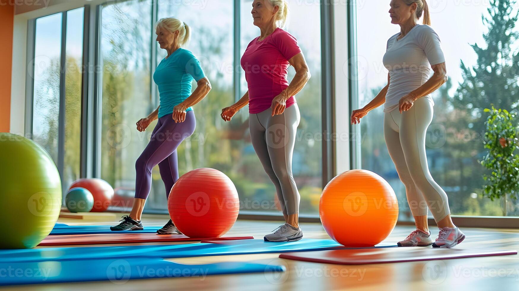 Three women are doing exercises with exercise balls photo