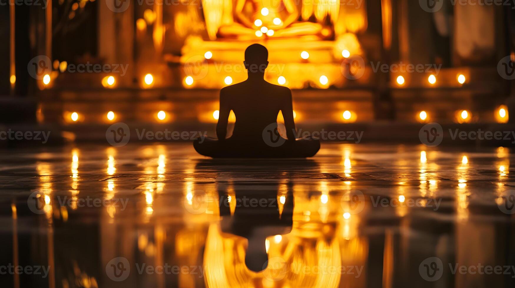 A person sitting in a meditation pose in front of candles photo