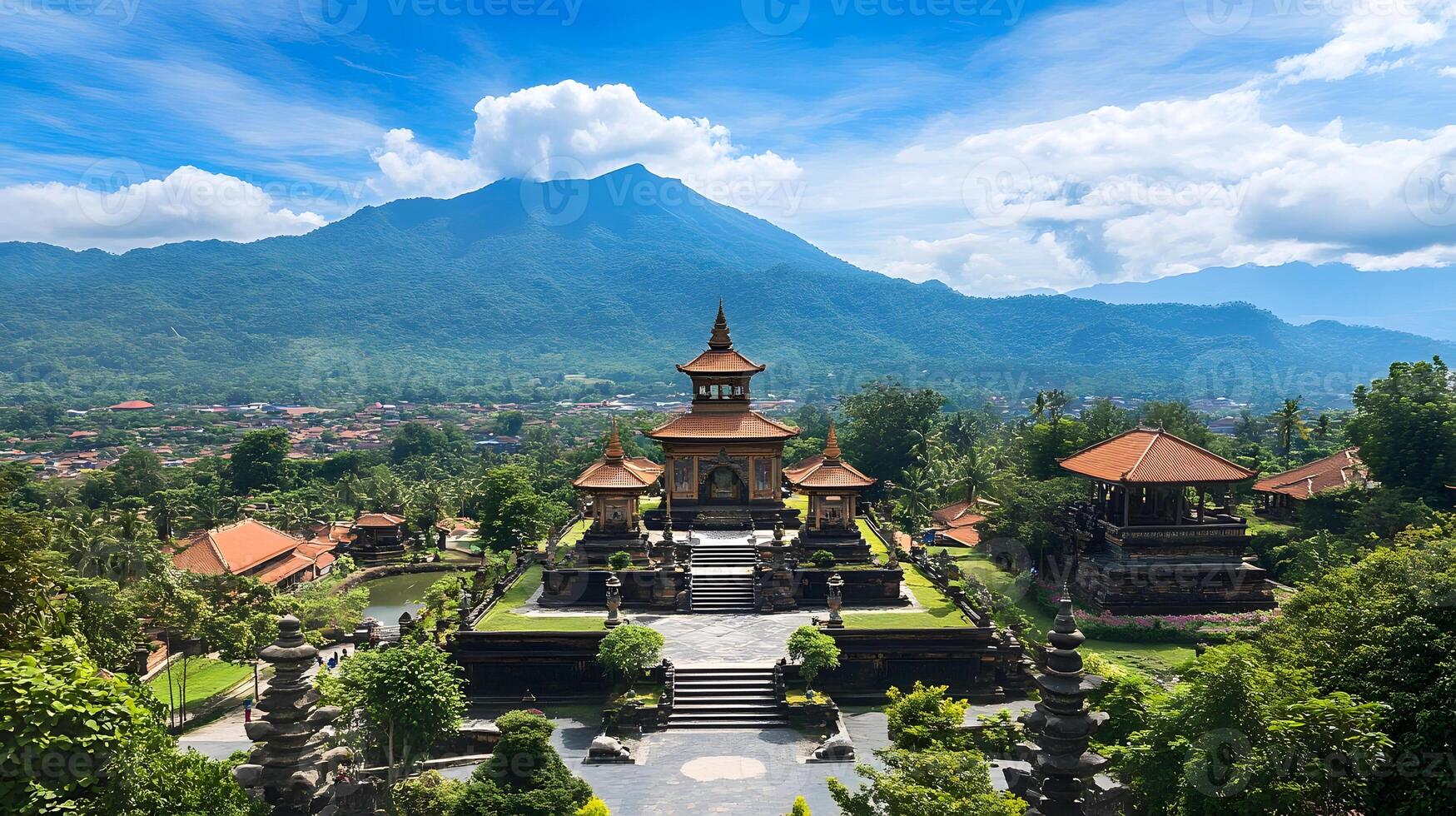 A beautiful view of a temple and a mountain photo