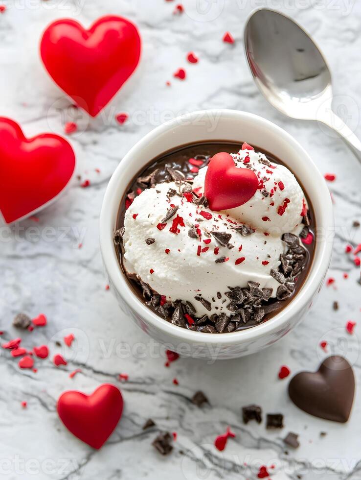 Chocolate pudding with ice cream and hearts on a marble background photo
