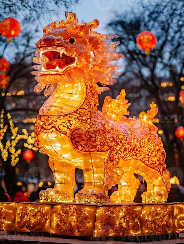 A large golden dragon is on display in a park photo