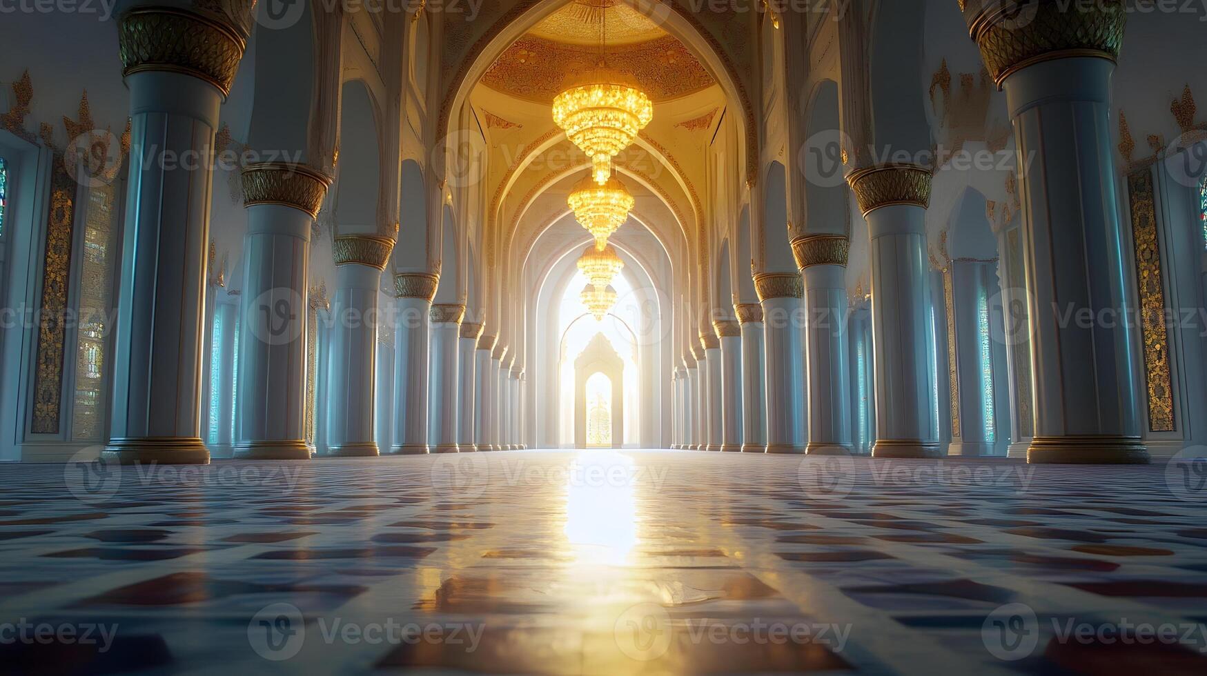 A long hallway with pillars and a light at the end photo