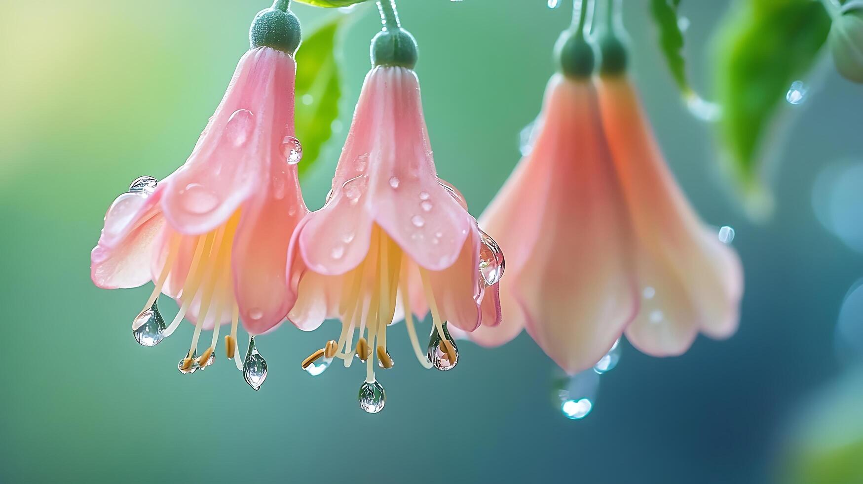 Two pink flowers with water droplets hanging from them photo
