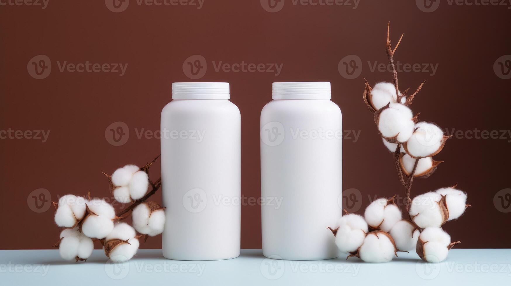 A scene with two white jars for talcum powder or other cosmetic products with cotton twigs. mockup photo