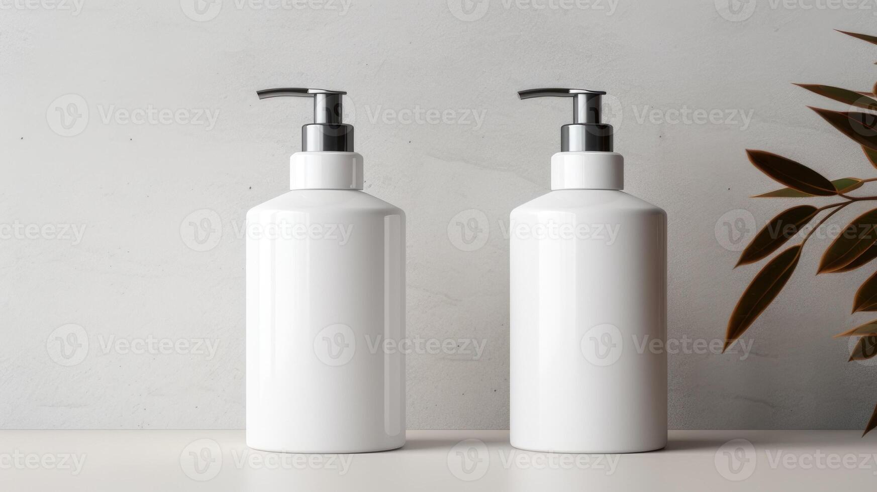 two white soap jars with chrome dispenser. Luxury premium mockup for cosmetics, spa products photo