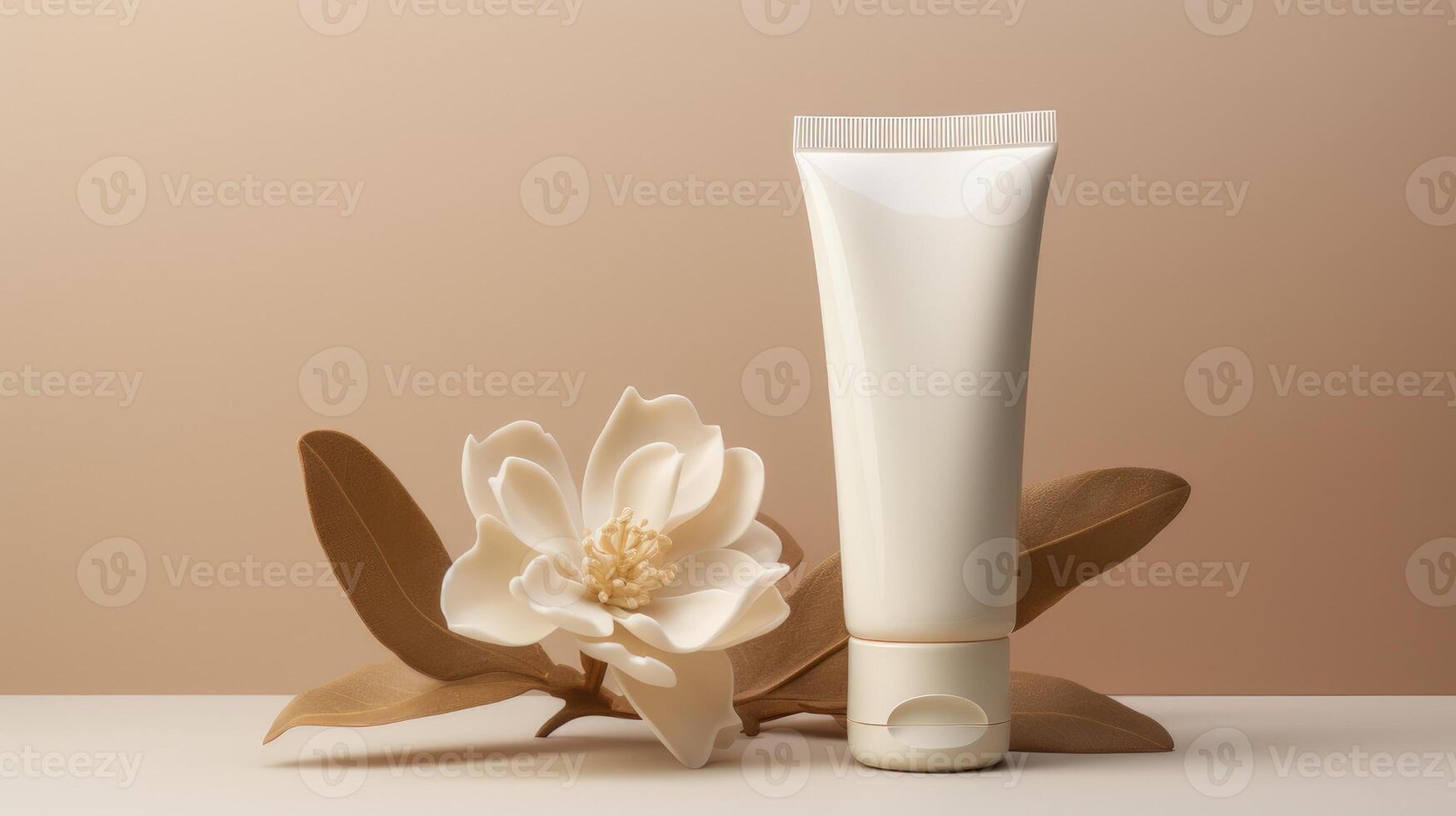 light cream color plastic cosmetic tube mockup on beige background with flowers and with copy space photo