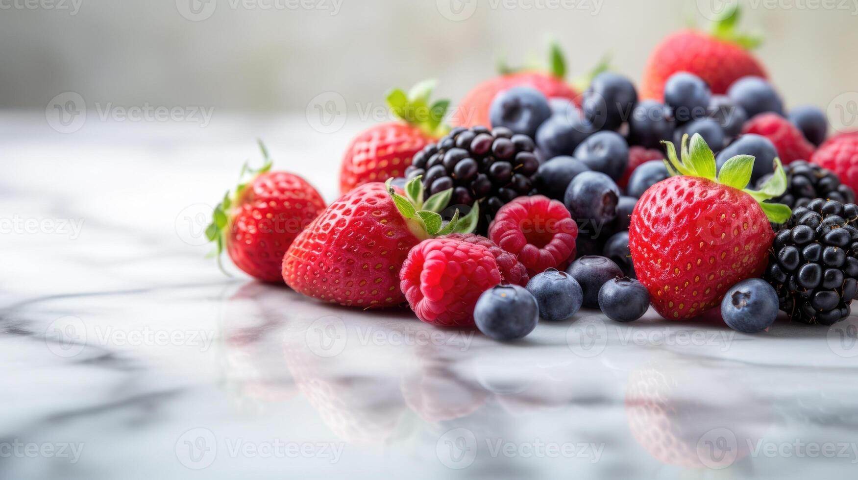 berries on marble table with copy space. strawberries, raspberries, blueberries, blackberries photo