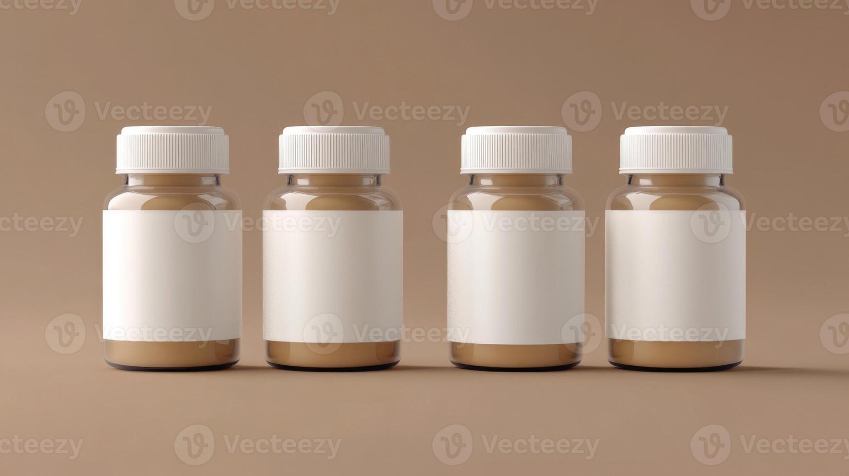 four identical glass jars for food additives, tablets, capsules. Mockups on a beige background with a shadow photo