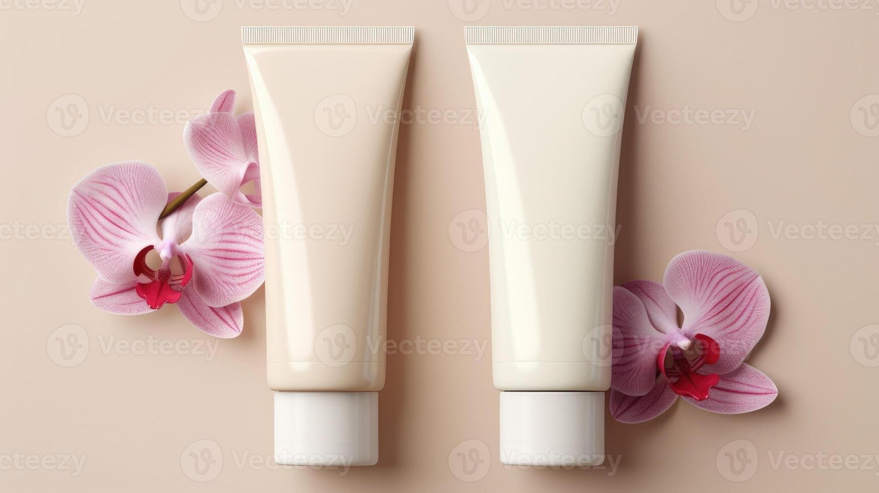 Two light cream color plastic cosmetic tubes mockup on beige background with flowers orchid photo