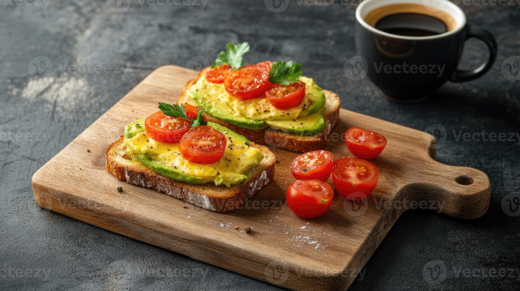 vegetarian breakfast. bruschetta with avocado, herbs and tomato on a wooden board with a cup of coffee photo