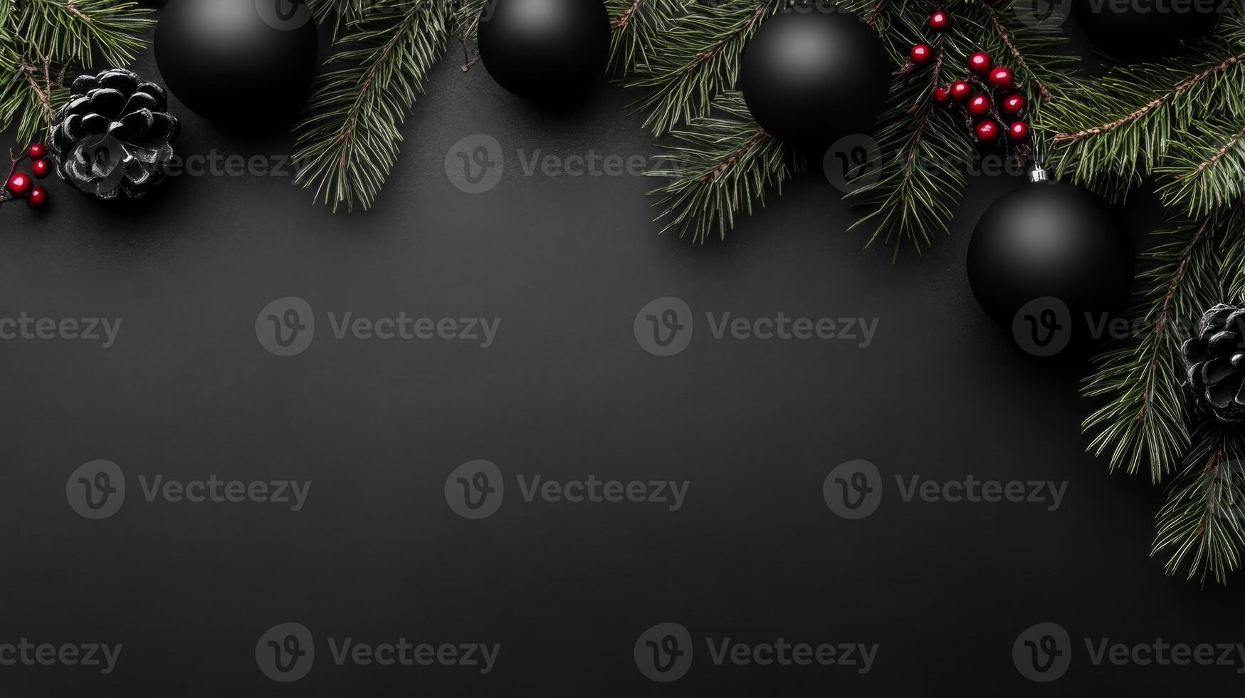 Elegant Black Christmas Ornaments and Pine Branches on Dark Surface photo