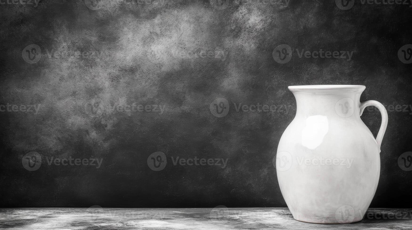 A white pitcher stands on a textured surface against a dark backdrop photo