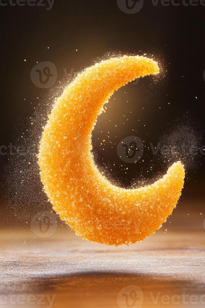 A golden onion ring shaped like a crescent with a sugary sparkling texture photo