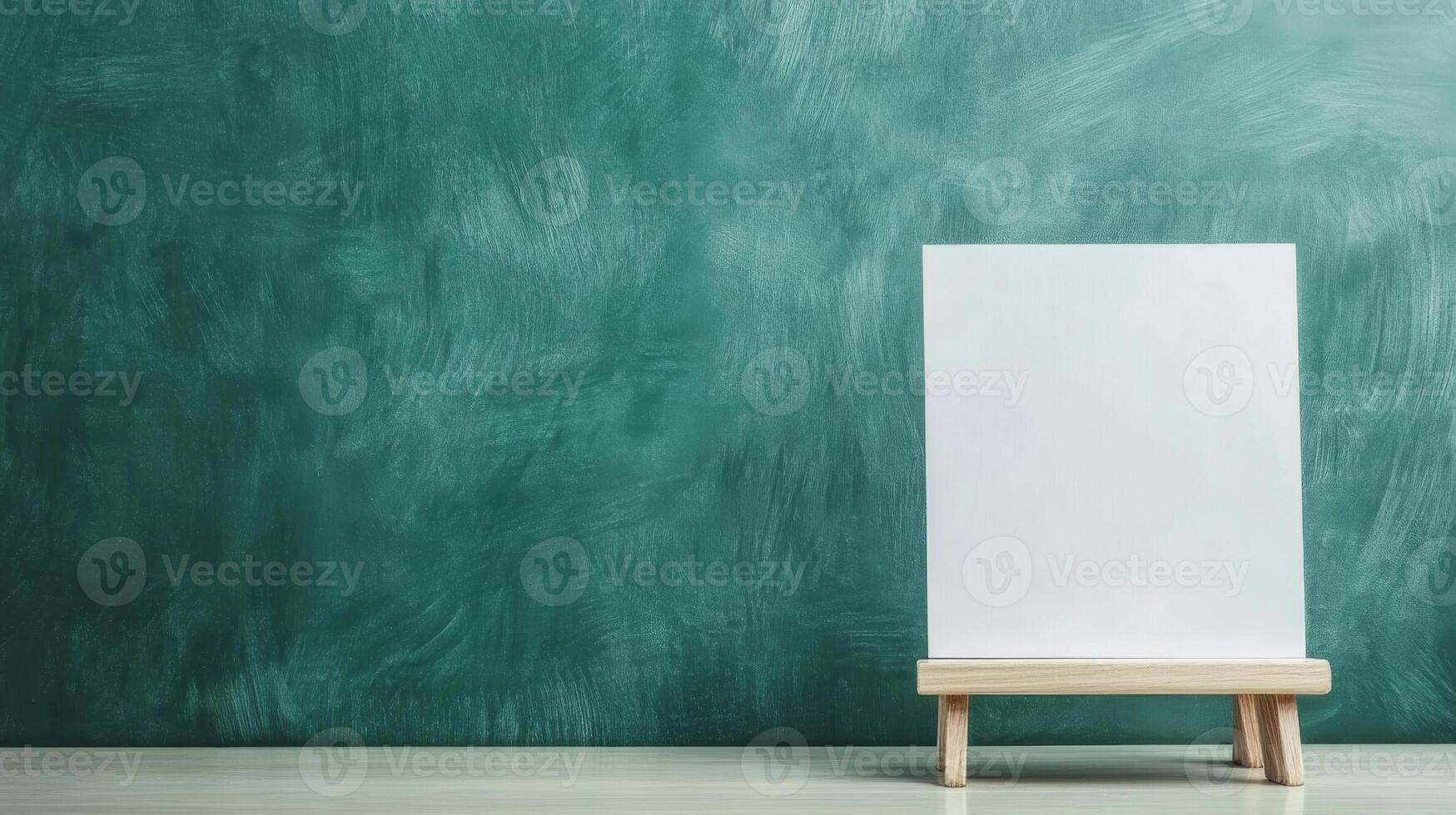 A blank white canvas on a small wooden stand against a textured green wall photo