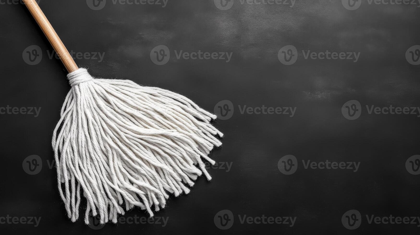 A cleaning tool with a wooden handle and white fibers on a dark surface photo