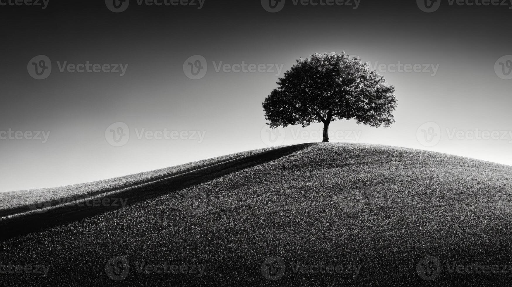 Solitary Tree on a Rolling Hill in Monochrome Landscape photo