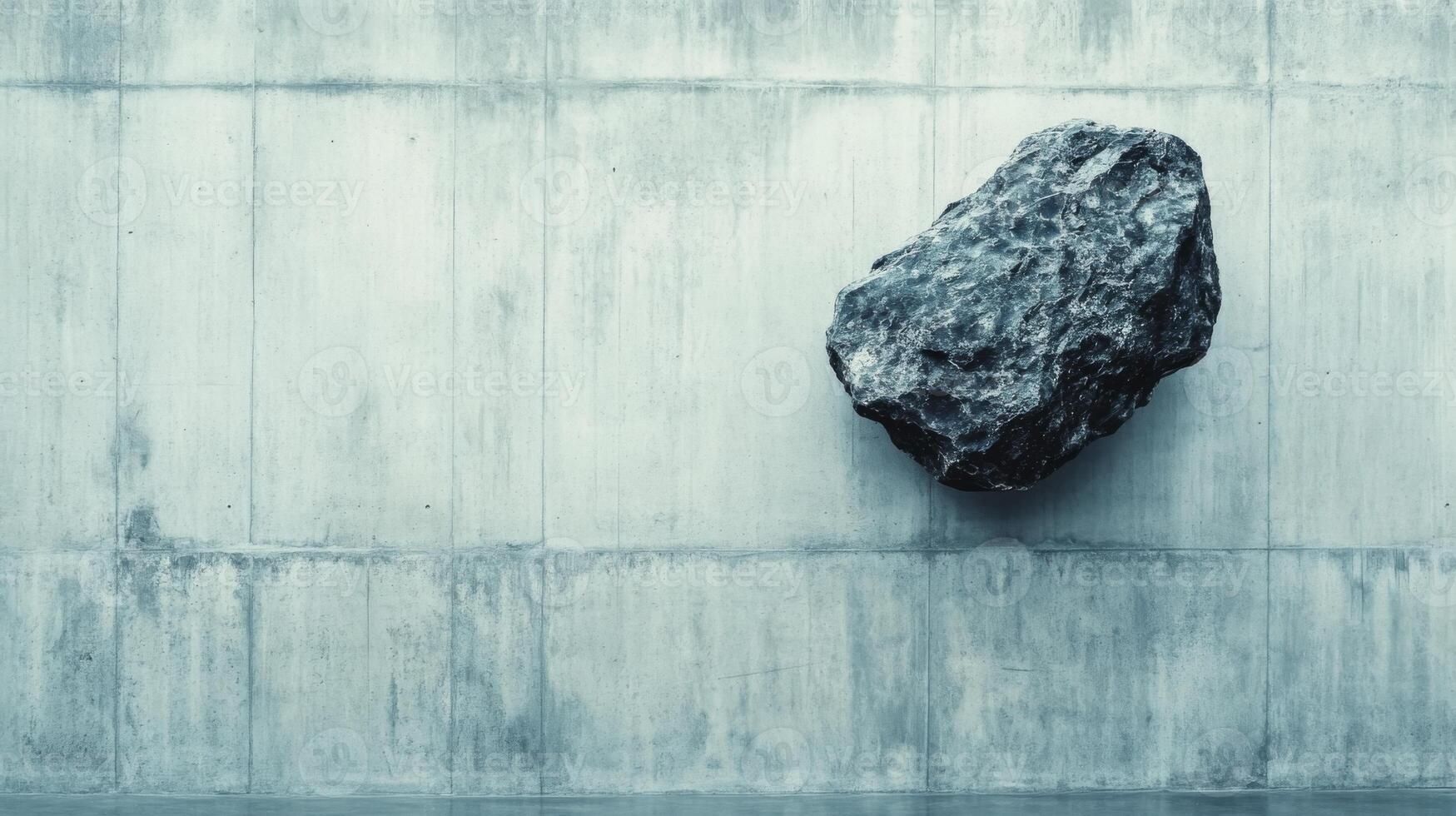 Lonely Boulder Clings To Cold Concrete Wall Contrast Starkly photo