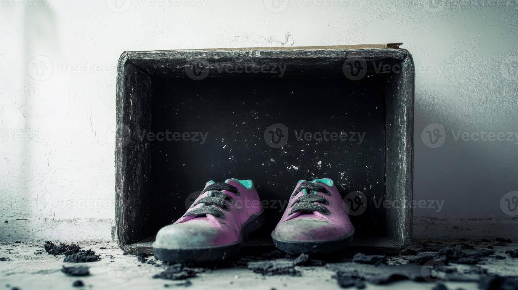 Worn Pink Sneakers in a Neglected Cardboard Box photo