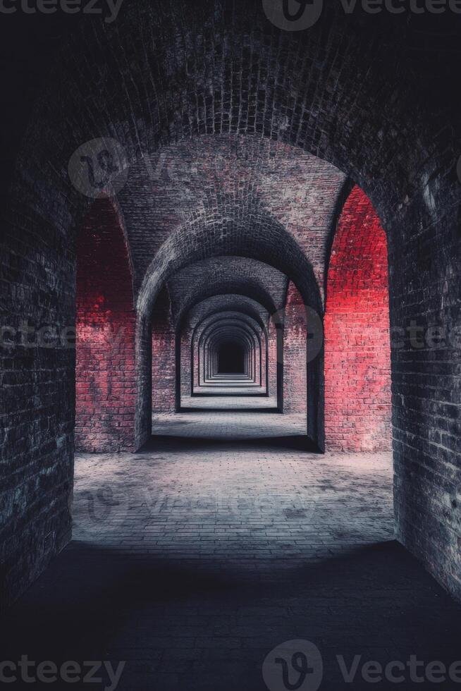 Dimly Lit Brick Arches Creating a Tunnel Effect photo
