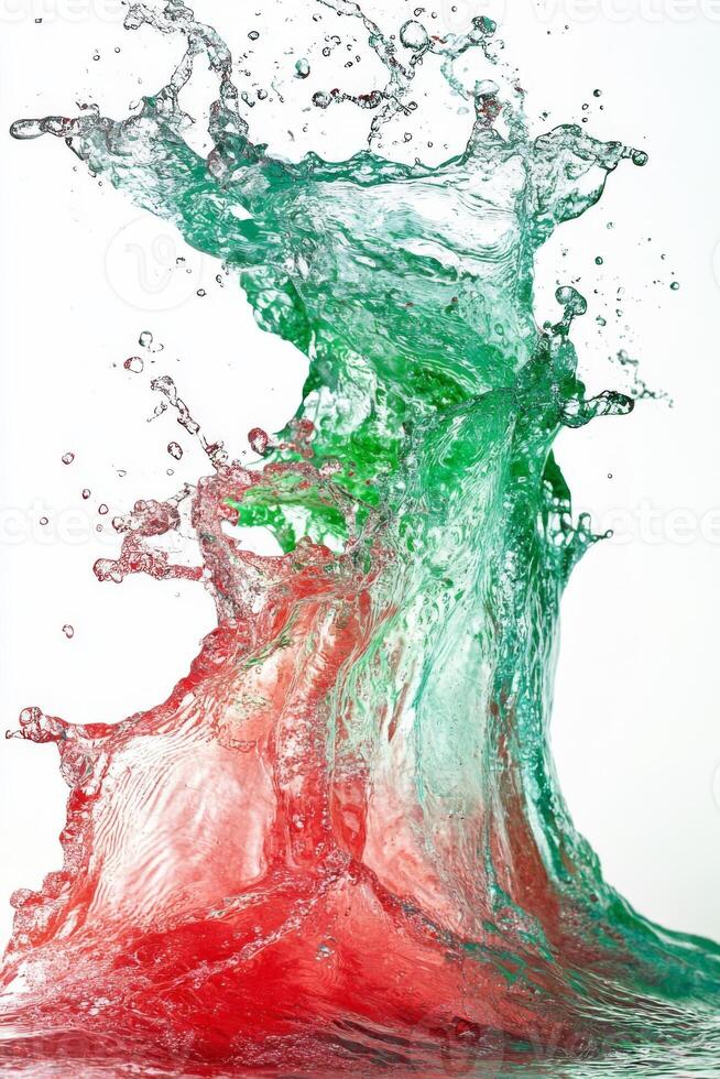 Dynamic water splash reveals vibrant red and green hues, motion captured photo