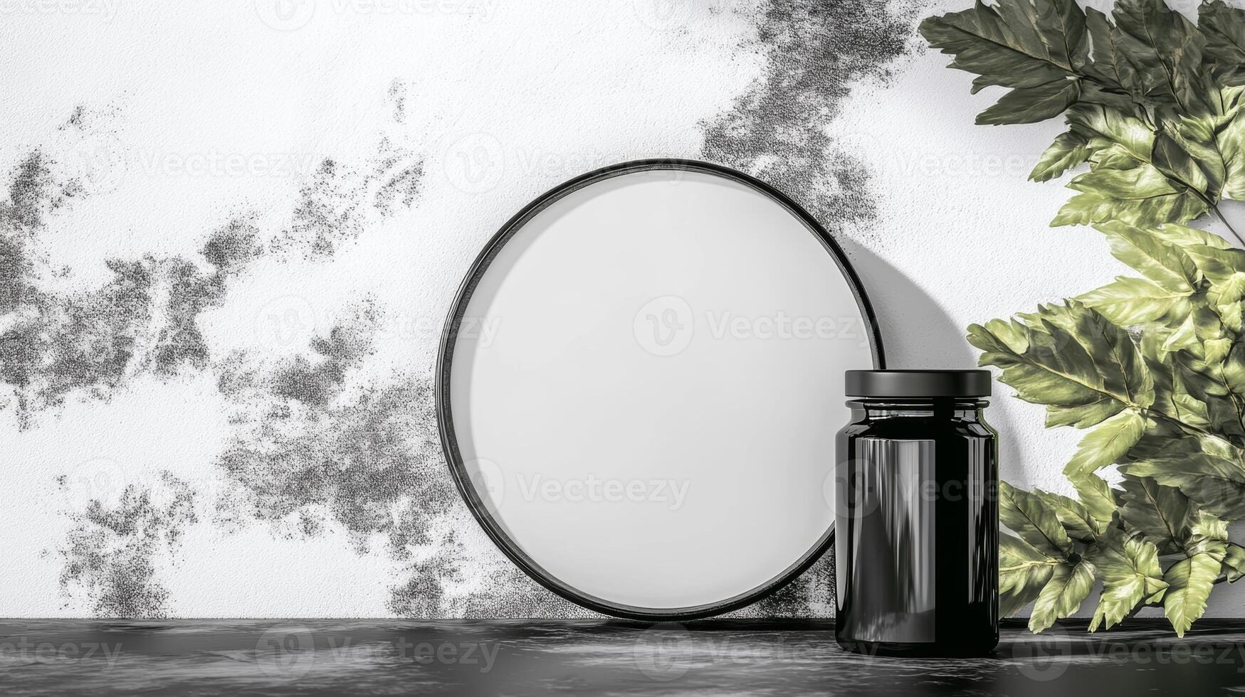 Round Mirror and Black Jar on Textured Surface photo