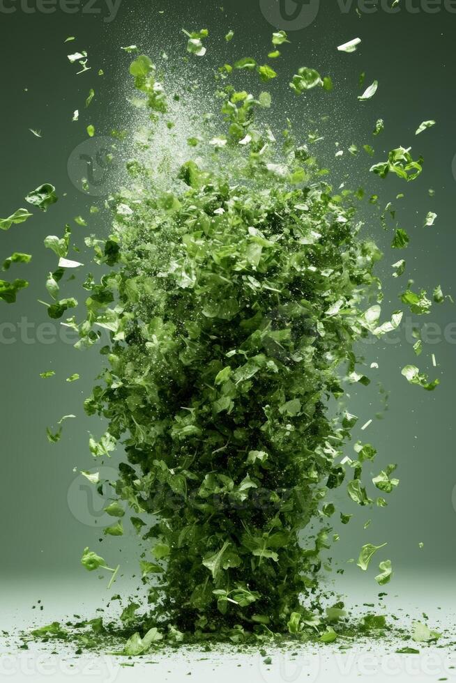 Exploding Green Leaves on a Light Background photo