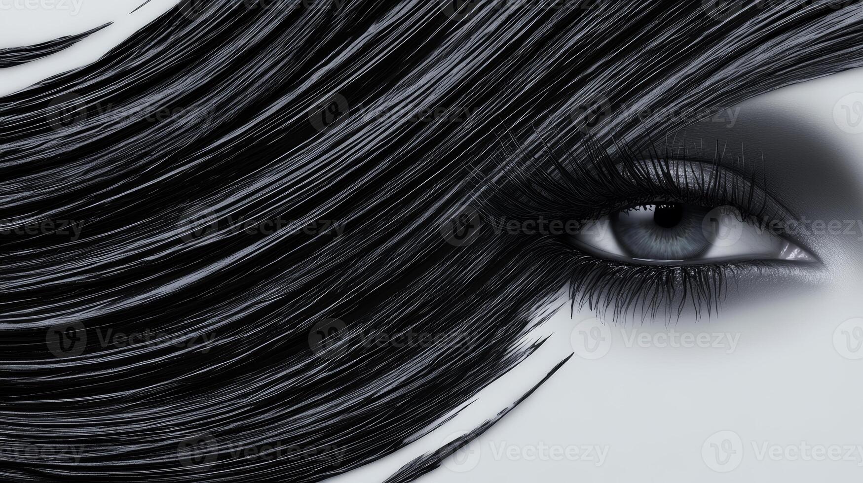 Striking Close-up of Intense Eye Framed by Flowing Black Hair photo
