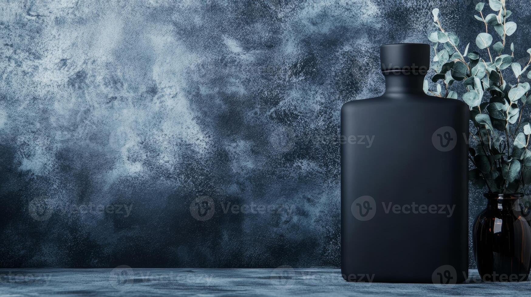 Black Bottle and Green Sprigs on a Dark Background photo