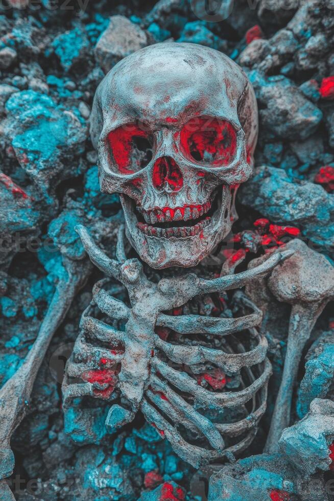 Weathered Skeleton Amidst Vibrant Blue and Red Rocky Terrain photo