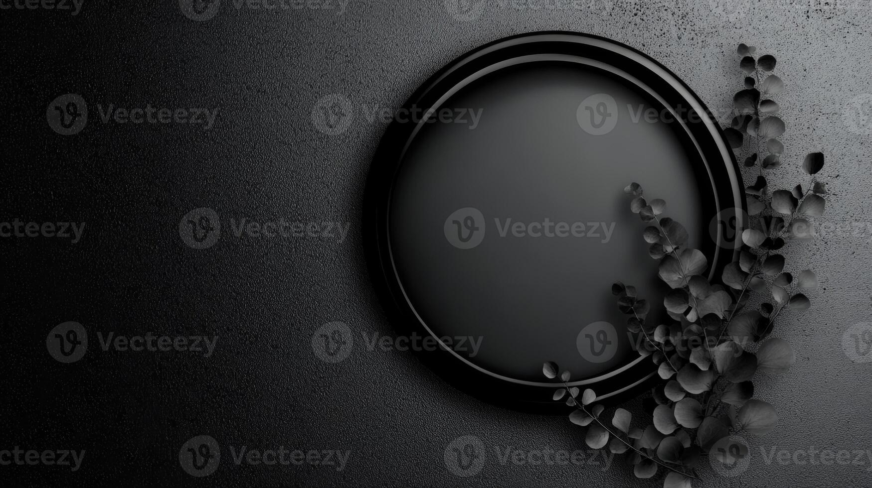 Black Circle Frame on Dark Textured Background with Leaves photo