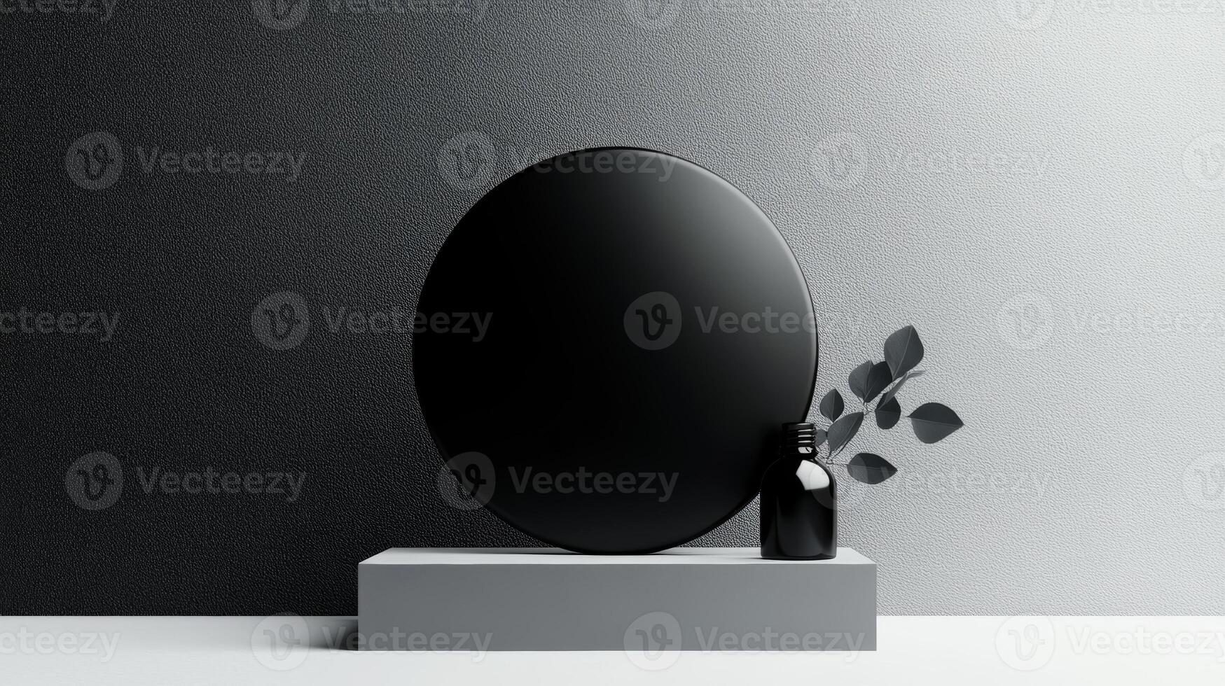 Black Oval Object on a Gray Stand with a Bottle and Leaves photo