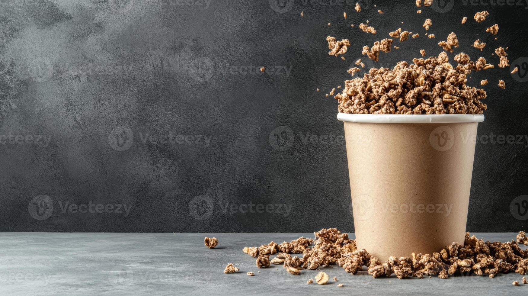 Granola Overflowing from a Paper Cup on a Gray Table photo