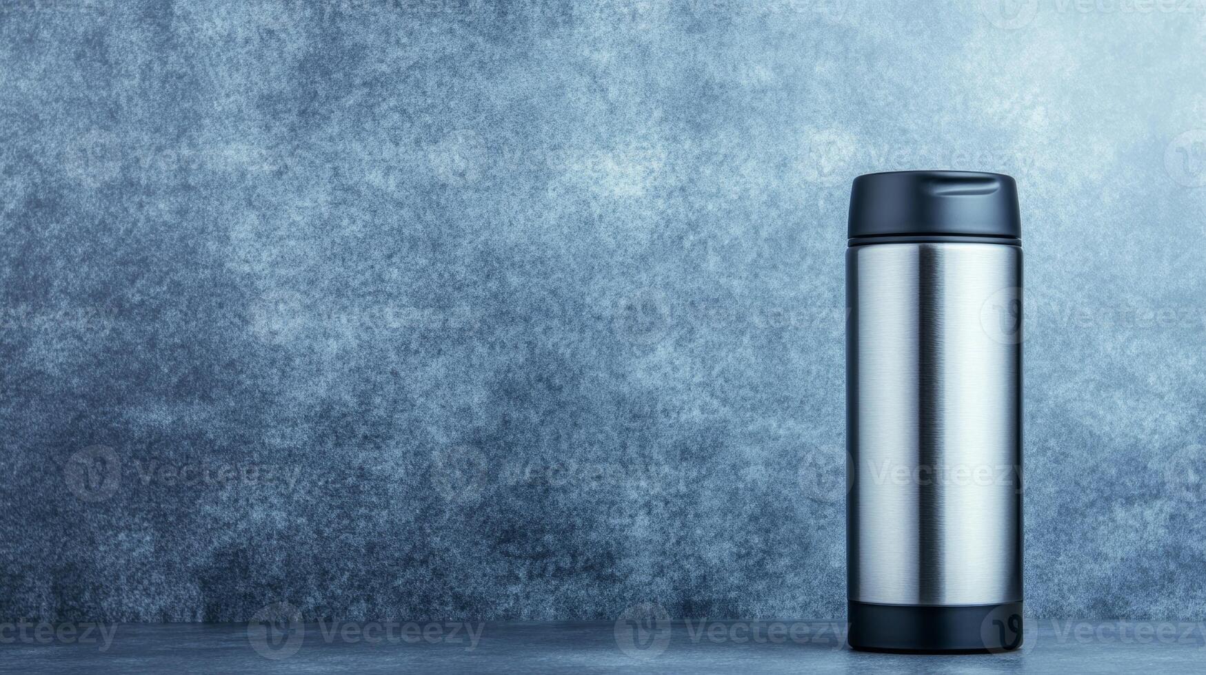 Silver Thermos Bottle on a Blue Textured Background photo