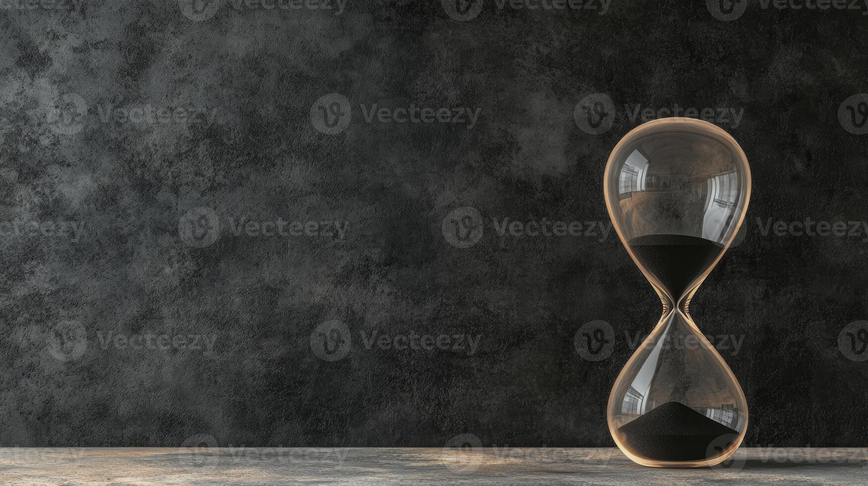 Glass Hourglass with Dark Sand on Rough Dark Gray Background photo
