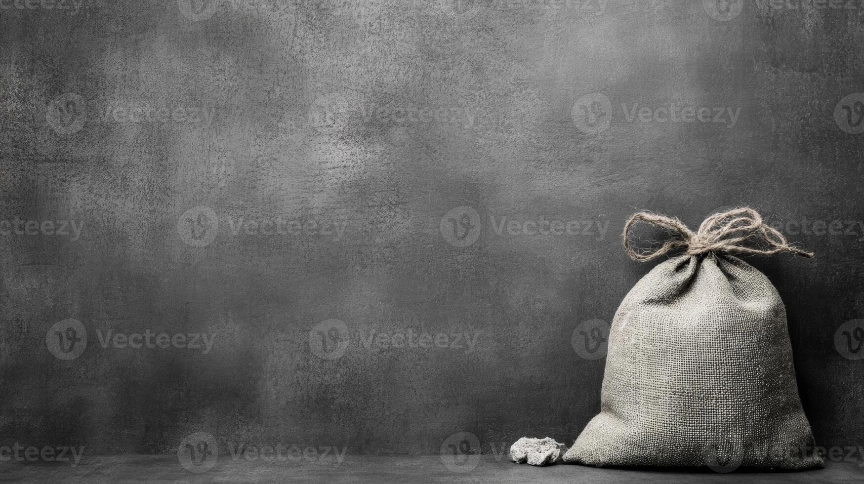 Jute Bag with Tied Rope on Grungy Gray Floor, Sack with Rough Texture Against Dark Wall photo