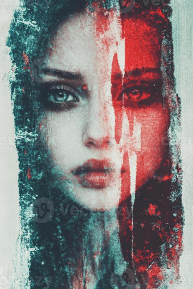Split-Face Abstract Portrait with Contrasting Teal and Crimson Hues photo