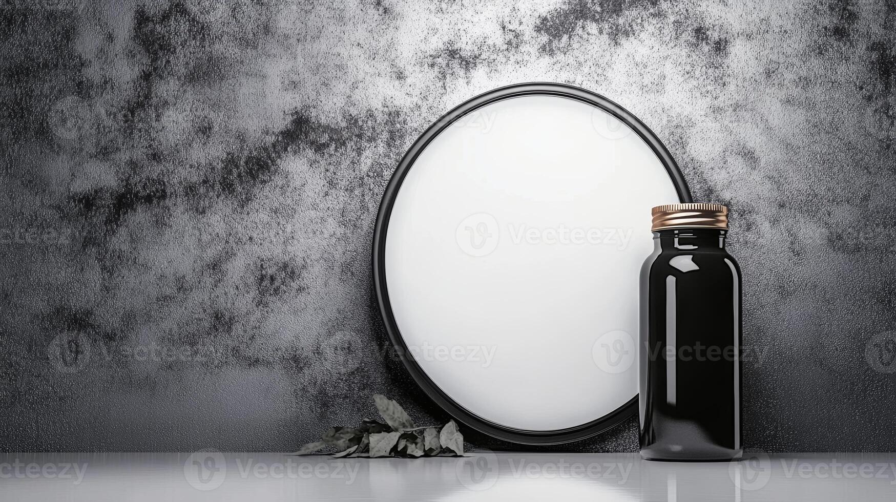 Black Glossy Bottle with Gold Cap Beside a White Round Mirror photo