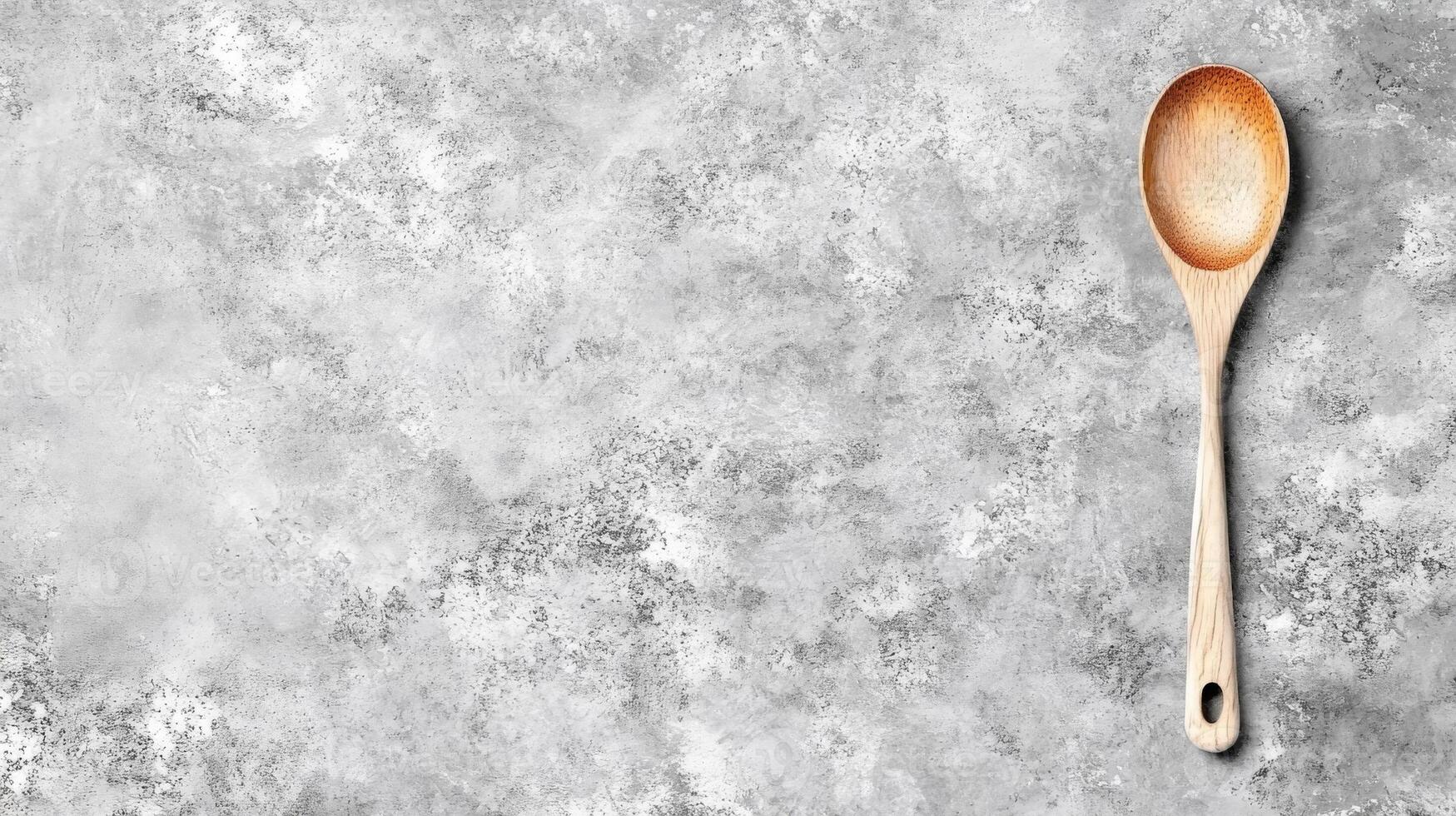 Wooden Spoon on Textured Stone Surface, Top View Layout photo