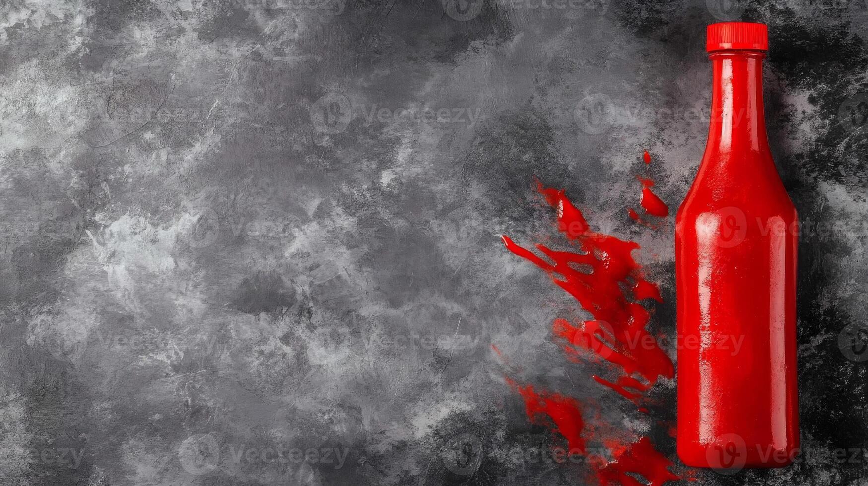 Red Sauce Bottle on Gray Textured Background photo