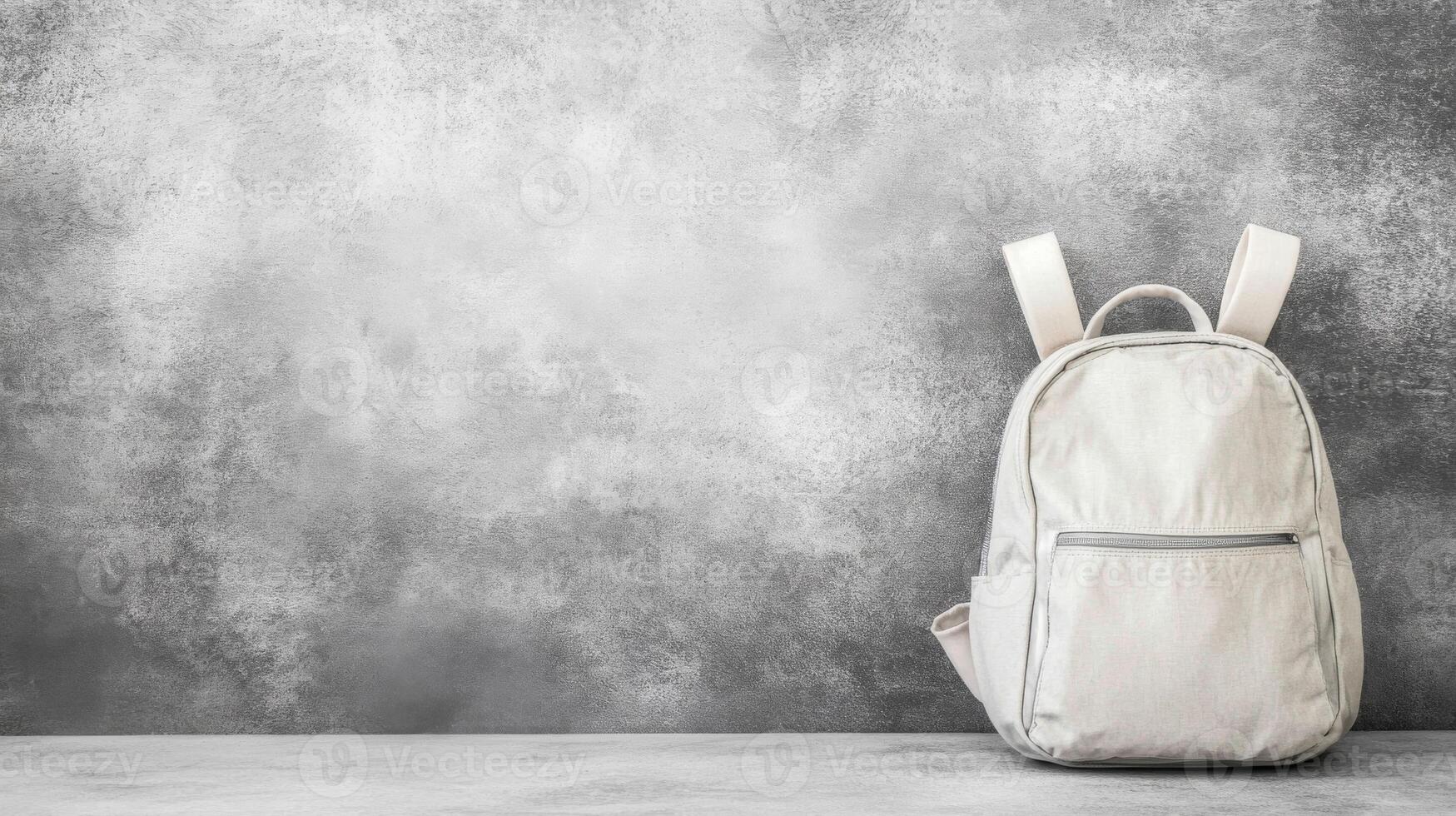 Light Gray Backpack on a Textured Stone Surface with a Smoky Backdrop photo