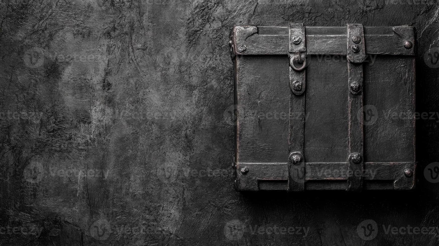 Antique Black Chest with Metal Straps on a Rough Gray Stone Surface photo