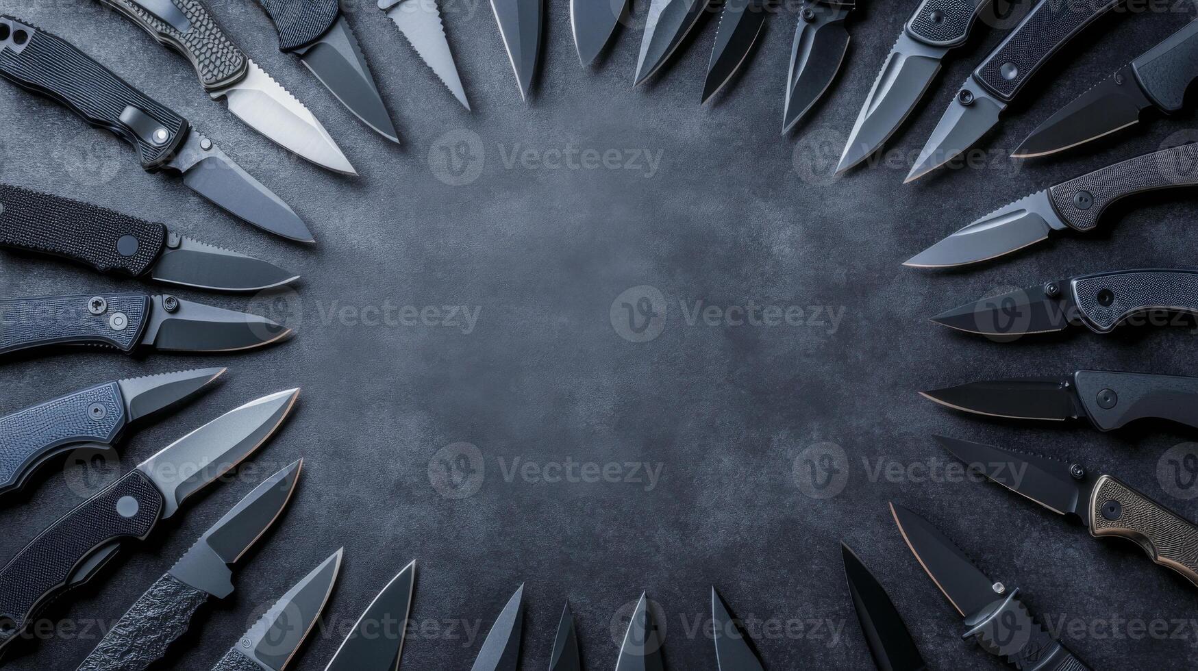 Assorted Folding Knives Arranged in a Circle on a Dark Textured Surface photo