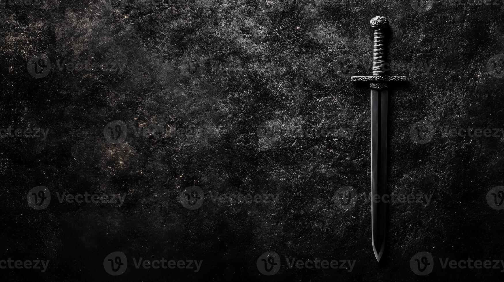 Ancient Sword with Ornate Hilt on a Dark Weathered Stone Surface photo