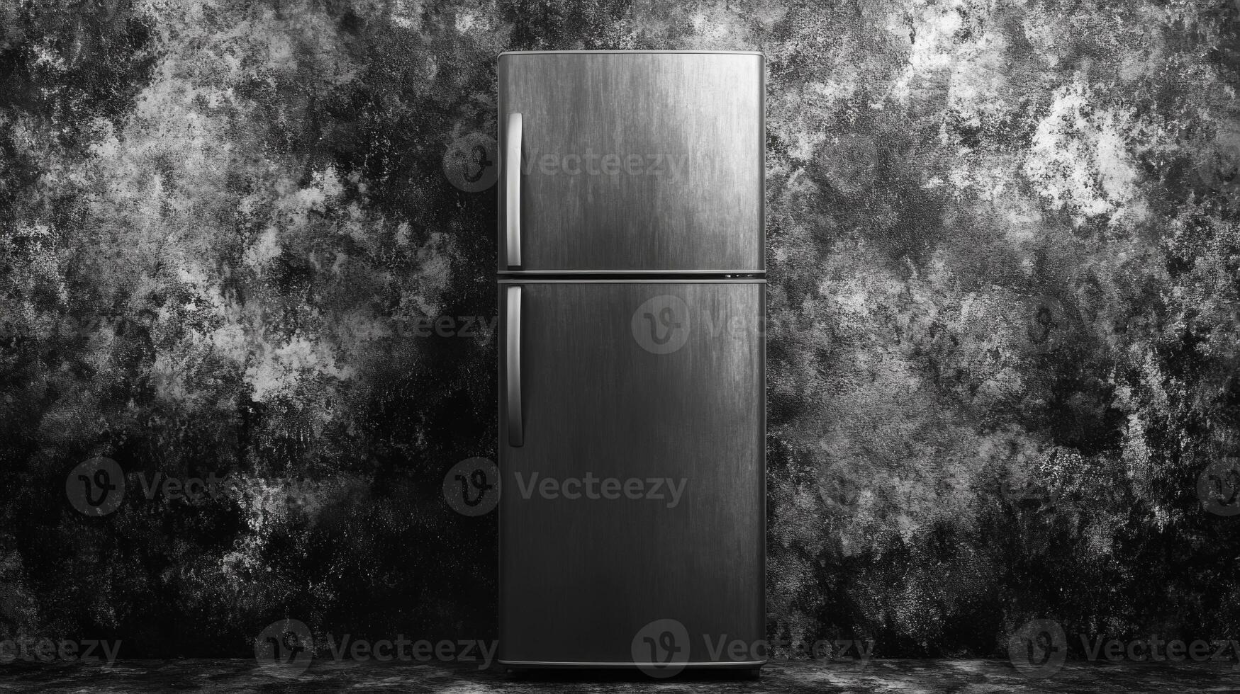 Sleek Metallic Refrigerator Against a Mottled Gray Wall in Monochrome photo