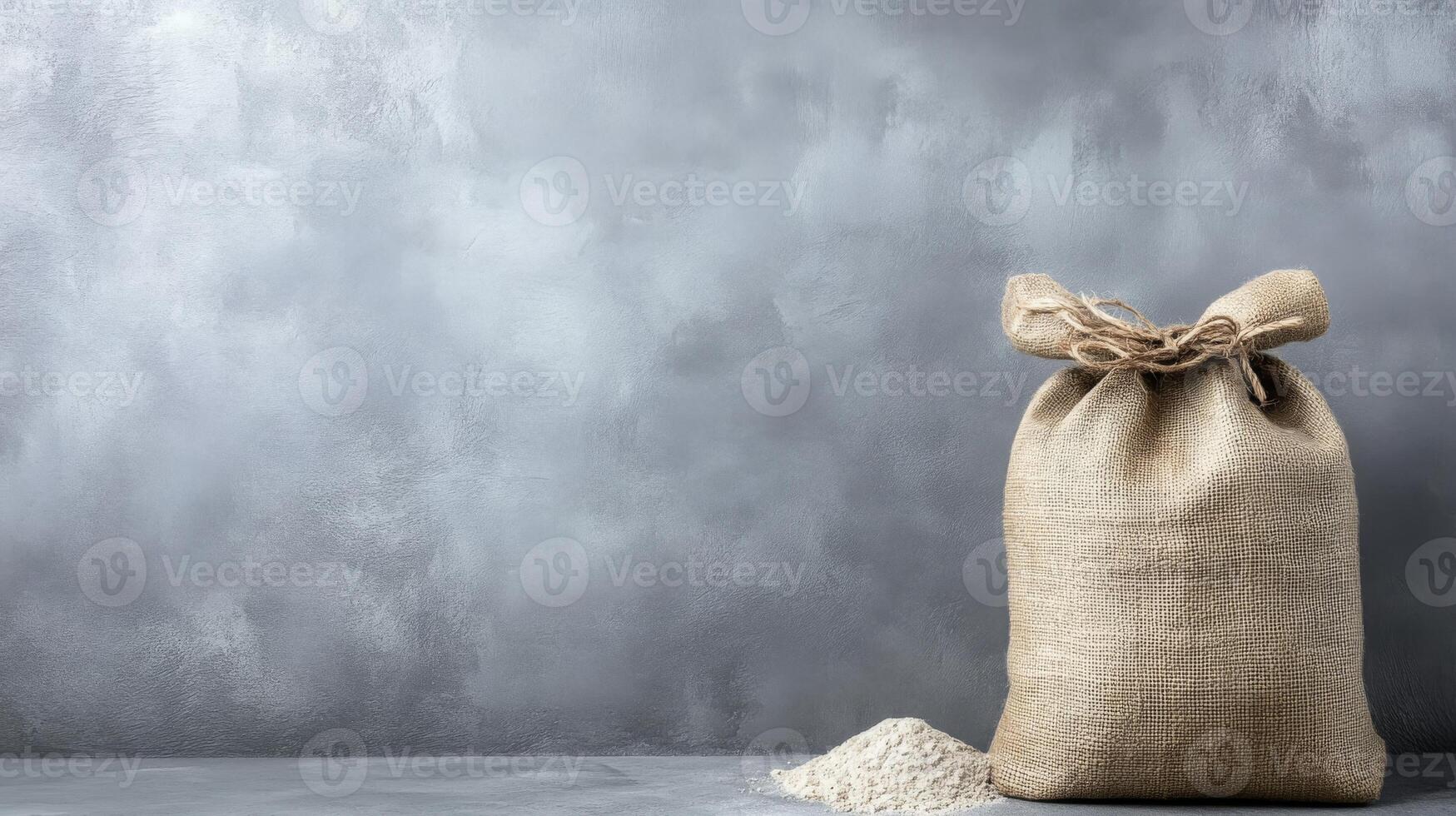 Burlap Sack with Spilled White Powder on a Textured Gray Wall photo
