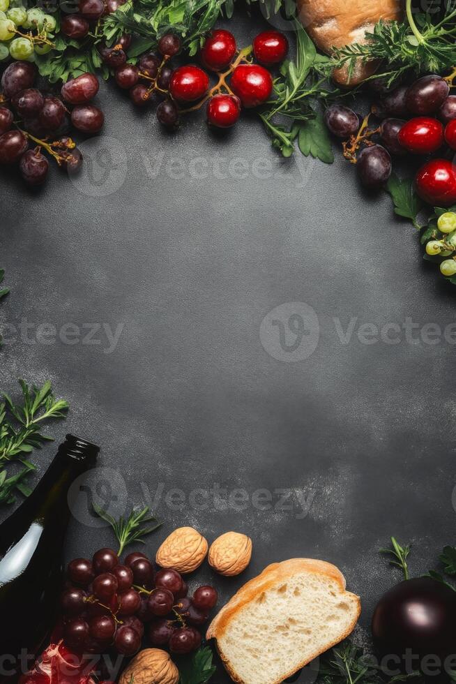 Assorted Grapes and Bread with a Dark Bottle on a Textured Surface photo